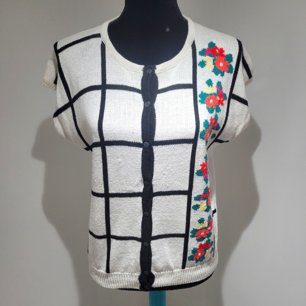 Milano Women's Vintage Floral Knit Cardigan Sweater Medium White Cottagecore